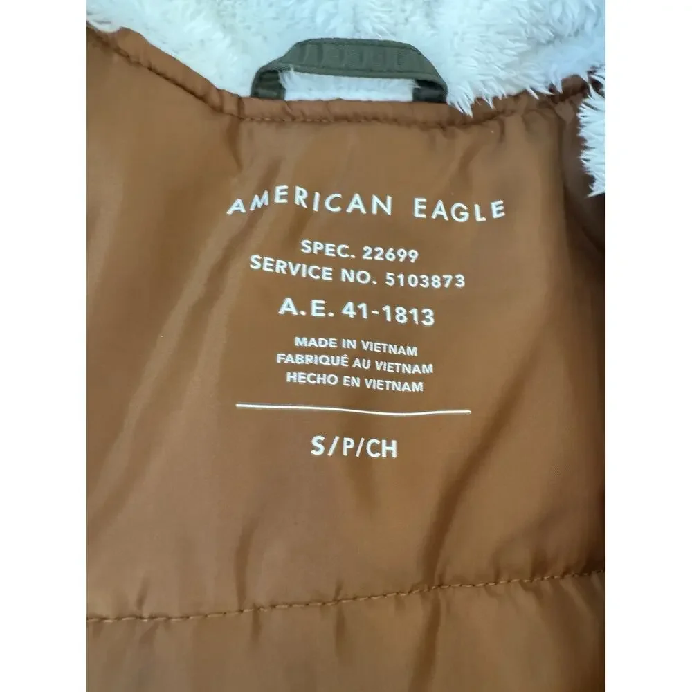 Women’s Small American Eagle Olive Green Winter Coat Parka Long Jacket Fur Hood - Picture 5 of 7